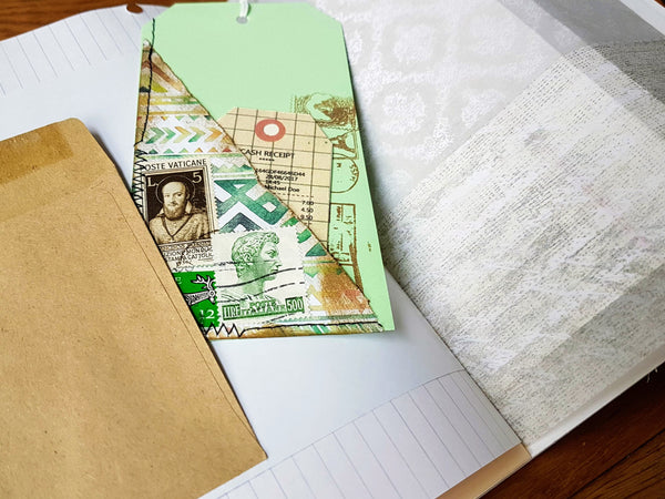 Beginner junk Journal.  Partly done with envelope pages, mixed paper and tags