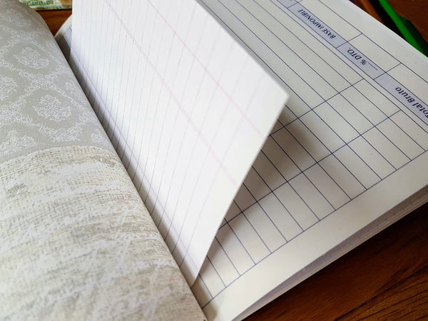 Mixed paper notebook known as a Junk Journal, invoice pages, decoupage and other mixed paper pages by Bespoke Bindery