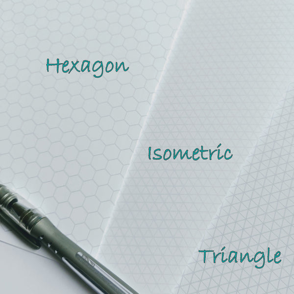 hexagon, honeycomb shown against isometric and triangle printed midori insert notebooks