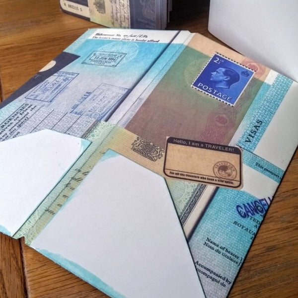 Rear view of vintage british passport TN dashboard folder with small pockets