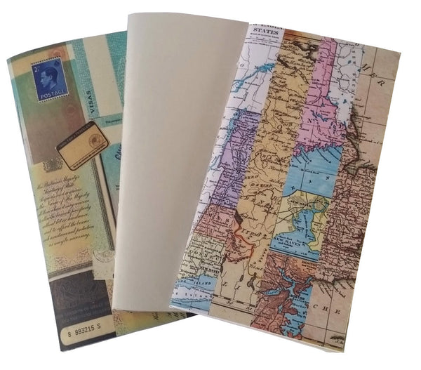 3 Junk Journals designed by Bespoke bindery - map stripe collage, plain and Vintage British Passport