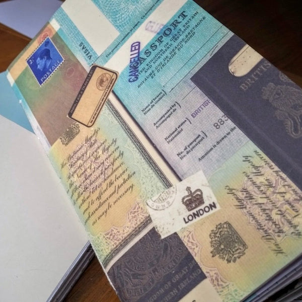 Front view of British Passport design Junk Journal insert for traveler's notebooks
