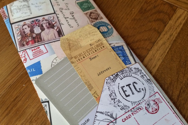 4 pockets in vintage postal themed Midori Traveler Notebook TN dashboard folder insert