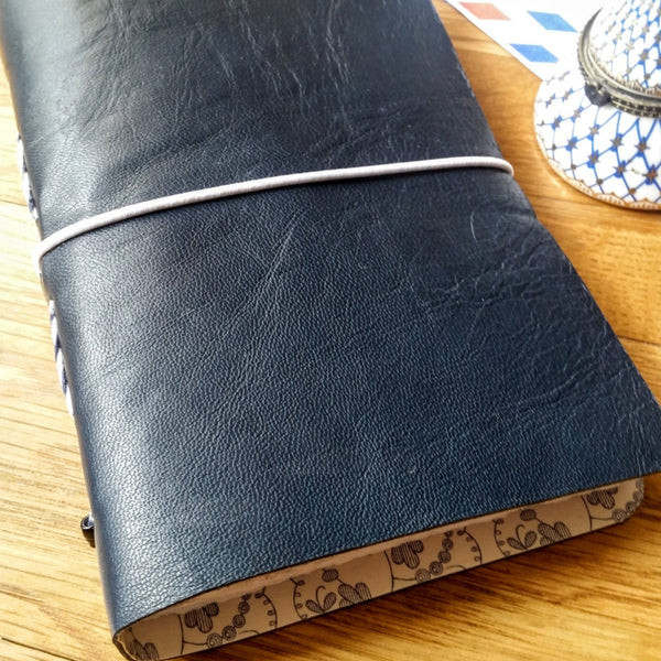 Dark Blue leather moleskine style journal with white elastic closure