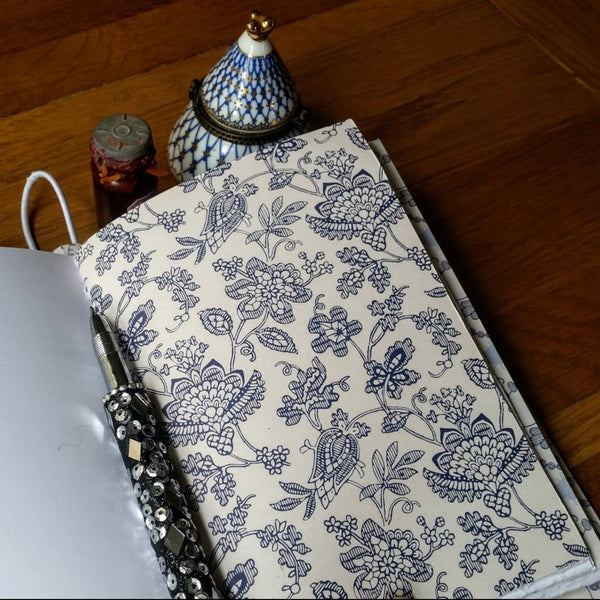 Floral french Parisienne blue page inside leather journal