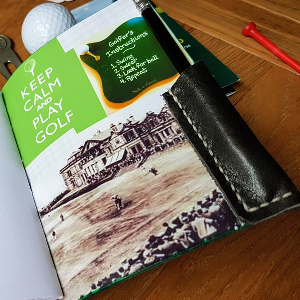 back cover has a handstitched pocket for a pencil, indispensible on the golf course