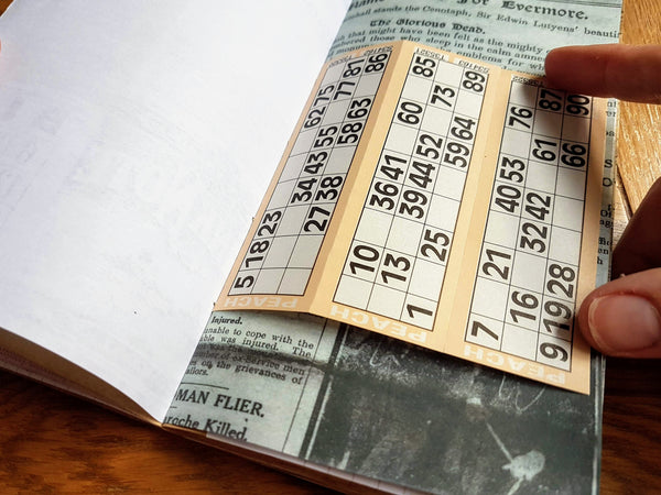 Bingo Tickets and old newspaper print in Bespoke Bindery's Vintage Postal Junk Journal